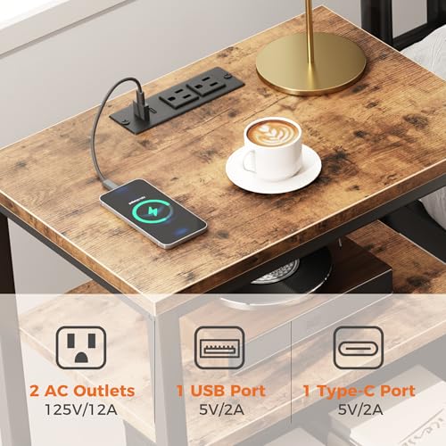 DUMOS Bedside Table with Charging Station and an Adjustable Fabric Drawer, and it is a Compact Nightstand, as Well as a 3-Tier Storage Organizer and an End Table for Bedroom, Brown