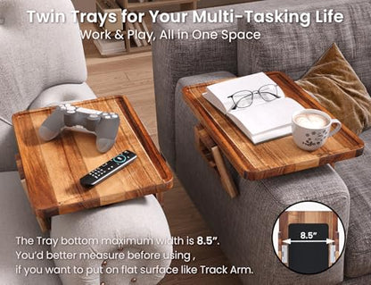 2 Packs Acacia Wood Couch Arm Tray，Folding Sofa Armrest Table | Clip-On Couch Desk,Foldable, Non-slip,No Assembly，for Drinks Snacks Phone，Remote Control