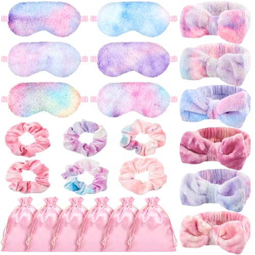 Wavwavw 24 Pcs Sleepover Supplies for Women Spa Headband Plush Eye Mask Bow Makeup Headbands Storage Bags Pajama Party Favors for Birthday Spa Bachelorette Party