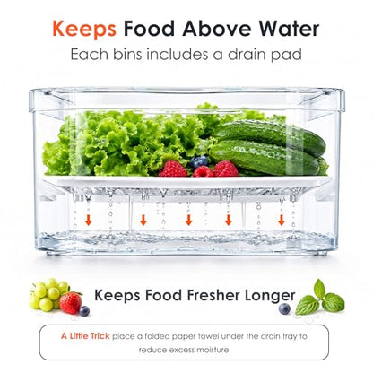 Clear Fridge Bins with Drain Trays - BPA-Free PET, Stackable(6 Pack)