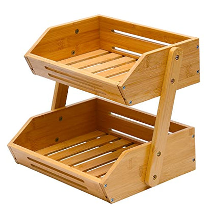 Fruit Basket, 2 Tier Bamboo Fruit Basket for Kitchen, 11" Tall Fruit Stand Storage Holder, Heavy Duty/Large Capacity for Vegetables, Fruit, and Snack, 15 mm Thickness (Self-assembly)