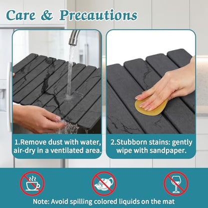 Stone Dish Drying Mat for Kitchen Counter, 24 x 16 Inch(Dark Gray Marble) | Absorbent diatomaceous earth and PVC, folds for compact storage, suitable for dishes, cups, bottles, or a bathroom floor mat
