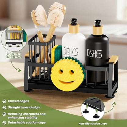 Sponge Holder for Kitchen Sink, Sink Caddy Organizer with Dish Brush Holder, Sink Organizer Rack with Suction Cups, Smiley Face Sponge Caddy Self Drain for Soap Dispenser Storage Accessories