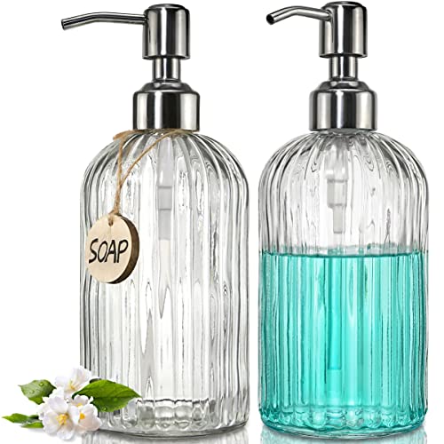 JASAI 2PACK 18 Oz Glass Soap Dispenser with Rust Proof Stainless Steel Pump | Refillable Hand Soap Dispenser with Vertical Stripe, Premium Bathroom soap Dispenser for Kitchen & Bathroom.