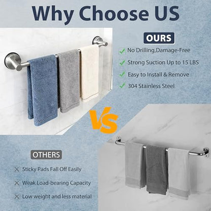 Suction Cup Towel Bar Towel Racks for Bathroom 14.6-24in Adjustable | No Drill Towel Rack, Stainless Steel Construction, Heavy Duty Wall Mounted (silver)