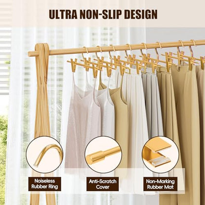 10 Pack Gold Metal Pants Skirt Hangers with Clips & Swivel Hooks | Lightweight Aluminum & Sturdy, Non-Slip Pads for Trouser, Skirts, Jeans, Scarf, Camisoles, Kids & Adults