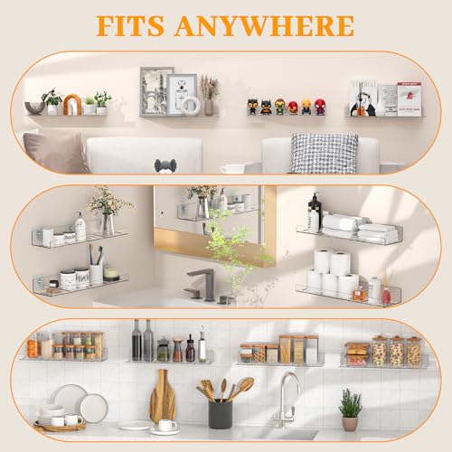 LAZYROSY 6 Pack Floating Shelves - Clear Acrylic/PET Wall Mounted Non-Drilling Storage Rack with Adhesive, Invisible Bathroom and Bedroom Shelves for Kitchen, Living Room, Clear Decoration