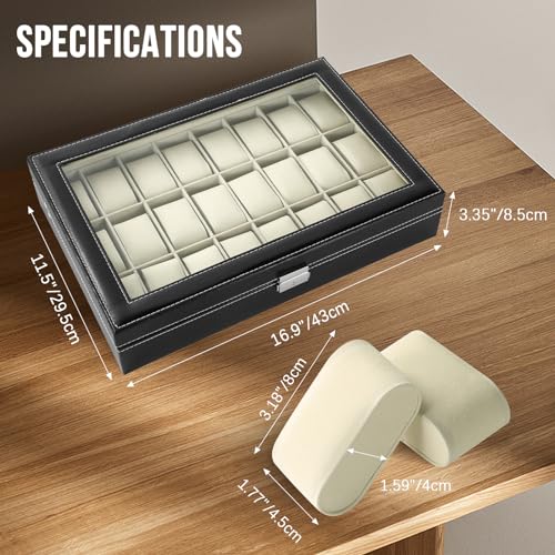 24 Slots Watch Box, Watch Display Organizer for Men Women | Loackable with Keys, Visible Glass Top, PU Leather Display Storage Collection, Watch Case with Removable Pillows, Modern