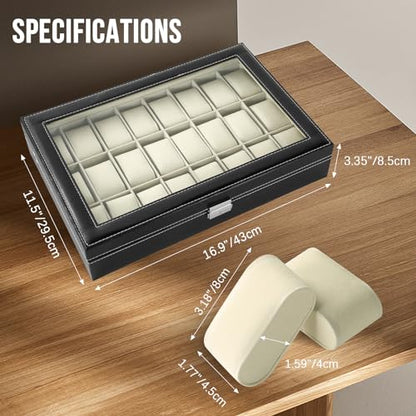 24 Slots Watch Box, Watch Display Organizer for Men Women | Loackable with Keys, Visible Glass Top, PU Leather Display Storage Collection, Watch Case with Removable Pillows, Modern