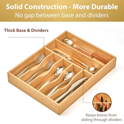 Bamboo Kitchen Drawer Organizer, 13 Inch Silverware Utensil Tray Holder, Extra Deep Grooved Drawer Divider, 7 Slots Total Bamboo Wood Caddy for Flatware Cutlery Knives, Forks, Spoons