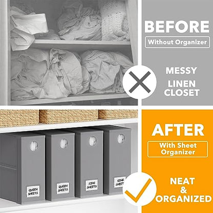 SpaceAid 4 Pack Bed Sheet Organizers and Storage, Foldable Organizer for Linen Closet, Sheets Set Folder Keeper with Window XL (Queen & King Size) Organizing Bedding Container, Gray 91ZDSN-SL01-G4