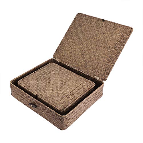 Hipiwe Set of 2 Flat Woven Wicker Storage Bins with Lid Seagrass Basket | Natural Decorative Baskets Multipurpose Home Boxes for Shelf Organizer Home Decor (Coffee)