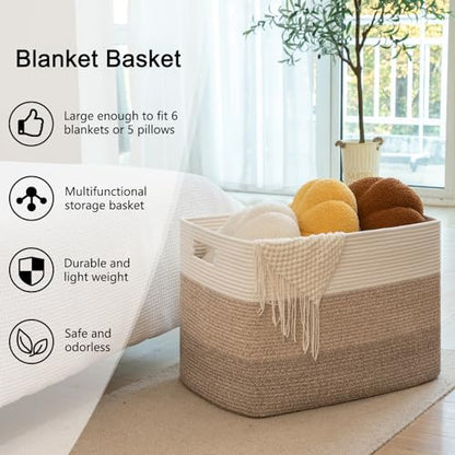 OIAHOMY 108L Super Large Blanket Basket, 25”x16”x16”(108L) Rectangle Woven Baskets for Storage, Cotton Rope Basket For Living Room, Toy Storage with Handle- Gradient Brown