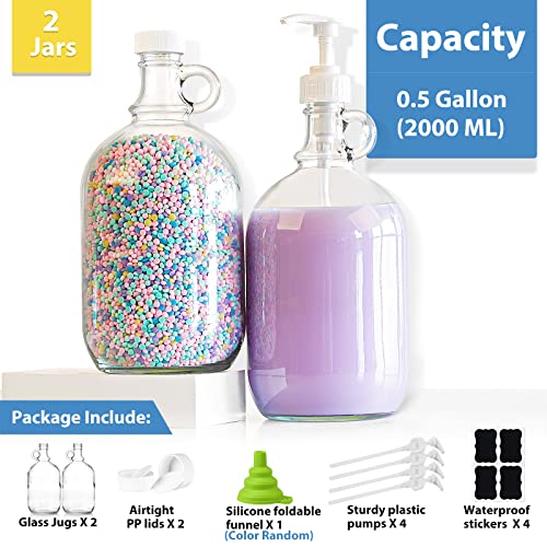 2 Pcs Glass Liquid Laundry Detergent Dispenser, Half Gallon Soap Dispenser | 64 oz Laundry Containers, Gallon Jug Pump, Thick Glass Food Grade, Includes 4 Pumps, 4 Labels, Funnel