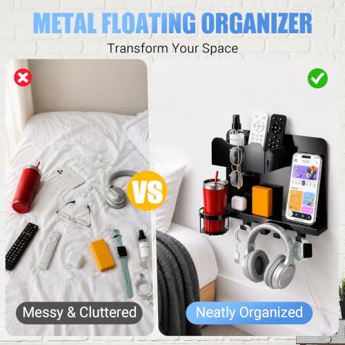Metal Bedside Wall Shelf, No Drill Floating Bedside Shelf Wall Organizer | Bedside Wall Shelf with Detachable Cup Holder for Bedroom, Dorm, Nightstand Alternative, Bunk Bed Accessories & RV Storage