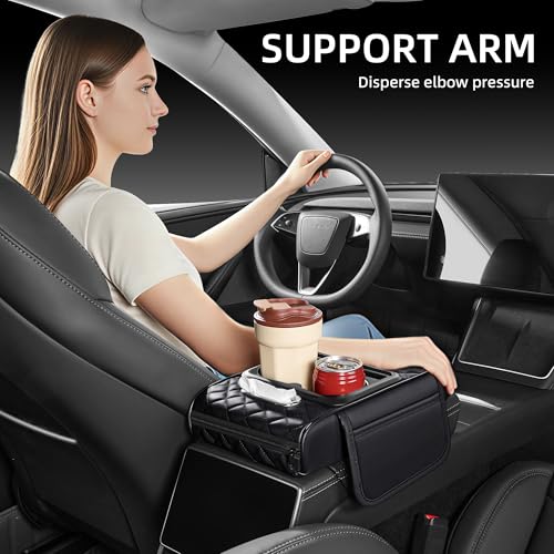 5 in 1 Nappa Leather Console Armrest Cover, Black | Built-in cup holder, tissue slot, phone holder & 2 storage pockets, practical car accessories fit SUV sedan truck