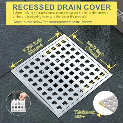 3-7/8" Brushed Nickel Square Shower Drain Cover for Floor Drain | Square Floor Drain Cover Replacement, SUS304 Stainless Steel Hair Catcher, Drain Strainer for Bathroom Shower & Kitchen Floor