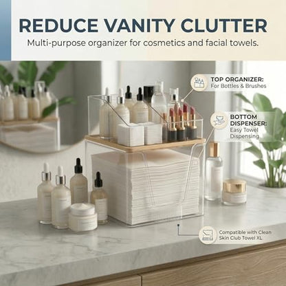 Disposable Facial Towels Holder, 2 in 1 Facial Towels Storage Box | Clear Acrylic Box with Bamboo Lid Stackable Vanity Organizer Cosmetics Organizer Compatible with Clean Skin Club Towel XL