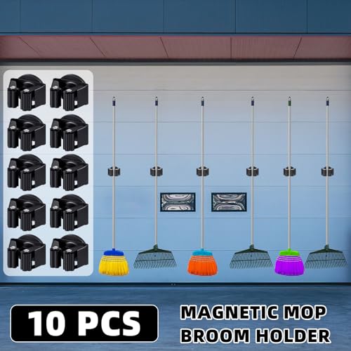 Vercraft 10 Pcs Magnetic Mop Broom Holder Movable Magnetic Broom Holder Rack, Anti Slip Wall Mounted Utility for Cleaning Tools, Garage, Kitchen, Laundry, Garden (Black)