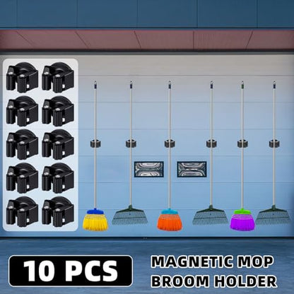 Vercraft 10 Pcs Magnetic Mop Broom Holder Movable Magnetic Broom Holder Rack, Anti Slip Wall Mounted Utility for Cleaning Tools, Garage, Kitchen, Laundry, Garden (Black)
