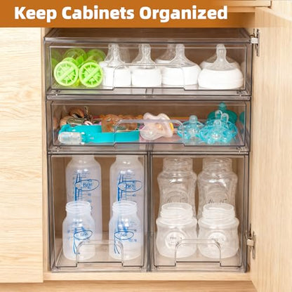 Baby Bottle Organizer, 4 Pack Stackable Storage Drawers with Labels, Clear Station Organizers Container for Pacifiers, Pump Parts, Desk Organizer Bins for Bathroom, Cabinet, Pantry, Vanity, Countertop