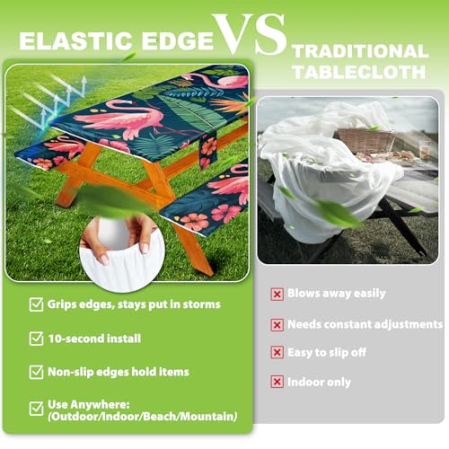 Fitted Picnic Table Cover with Bench Covers, Windproof Vinyl Table Cloths Outside Camping Cooking Backyard Furniture Seat Cushion Tablecloth Activities Party Decor Decorations Para Acampar Equipment