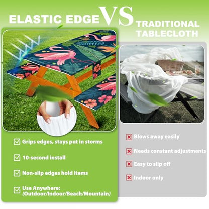 Fitted Picnic Table Cover with Bench Covers, Windproof Vinyl Table Cloths Outside Camping Cooking Backyard Furniture Seat Cushion Tablecloth Activities Party Decor Decorations Para Acampar Equipment