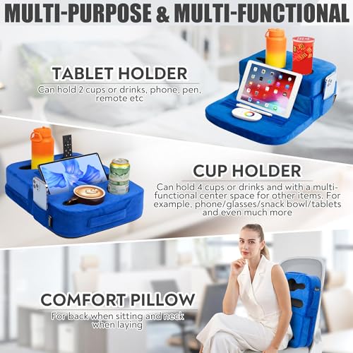 Couch Cup Holder Tray Pillow - Bed, Couch Caddy, Sofa, RV & Car - Holds Drinks, Snacks, Remotes, Phones, Kindle, Tablet | Bed Cup Holder (Blue)