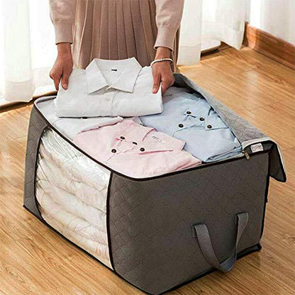 2 Pack Foldable Large Storage Bags for Clothes, Comforter, Quilt, Blanket | 28×20×12 inch, clear window handles, fits king comforter, under bed storage