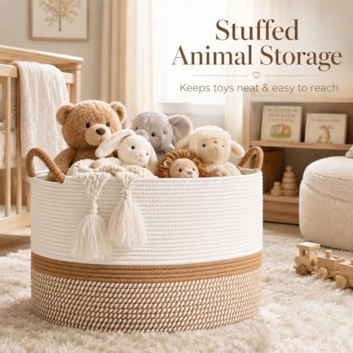 KAKAMAY Large Blanket Basket with Handles, Storage Basket for Living Room | Extra Large Capacity | Blanket Storage | Laundry Basket | Natural Cotton Rope | Stuffed Animal Storage | Woven Storage Basket