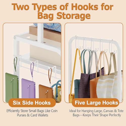 Tall Purse Organizer for Closet with 5 Purse Hanger & 6 Side Hooks, 4 Tier | Floor-Standing Purse Rack Stand for Purse Storage, Narrow & High-Capacity Handbag Organizer, Backpack Storage for Small Place