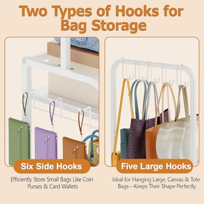 Tall Purse Organizer for Closet with 5 Purse Hanger & 6 Side Hooks, 4 Tier | Floor-Standing Purse Rack Stand for Purse Storage, Narrow & High-Capacity Handbag Organizer, Backpack Storage for Small Place