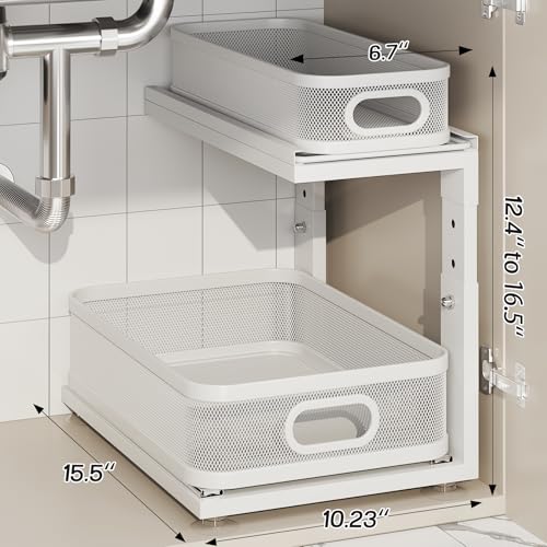 2 Pack Under Sink Organizer With Next-Gen Ball-Bearing Slides,2-Tier Precision Mesh Pull Out Cabinet Drawers Storage for Bathroom&Kitchen,Height Adjustable Shelf,Rust-resistant-Patent Pending