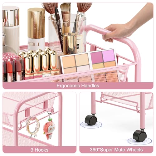 TOOLF 3 Tier Rolling Cart, Metal Utility Storage Cart with Wheels, Pink | 3 Hooks, Screwless Assembly, Trolley Organizer for Bathroom, Kitchen, Office, Nursery, Dorm, Laundry Room