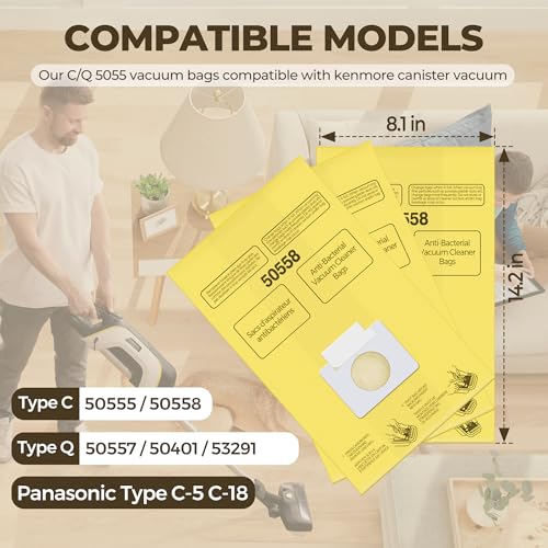 Vacuum Bags Replacement for Kenmore Canister Type C/Q Vacuum | Compatible with Kenmore Canister Type C/Q 5055, 50555, 50557, 50558 and Panasonic Type C-5, C-18 Vacuums, 12 Pack
