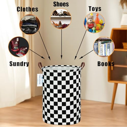 Round Laundry Basket Collapsible Boys Nursery Car Hamper Racing Flag | Waterproof Canvas Foldable Checkered Storage Bin Car Toy Bins Gift Baskets Bedroom Clothes for Home Play Bedroom Gift