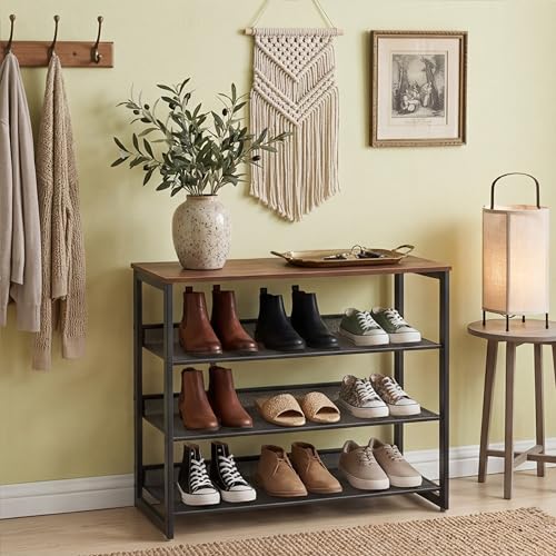 Shoe Rack for Entryway 4 Tiers 11.8" D x 25" W x 28" H, Metal Shoe Rocks with Brown Wooden Tabletop, Angled Shoes Rack with Adjustable Mesh Shelves for Entryway Hallway Closet