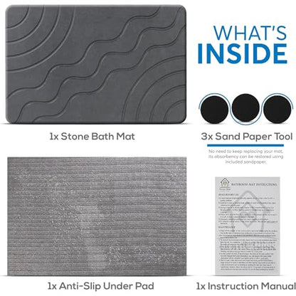 Stone Bath Mat Quick Drying Diatomaceous Earth Bath Mat Non Slip Shower Mat Super Absorbent Stone Bath Mats for Bathroom, Floor, Kitchen Counter, Easy to Clean (23.6” X 15.3”, Dark Gray)