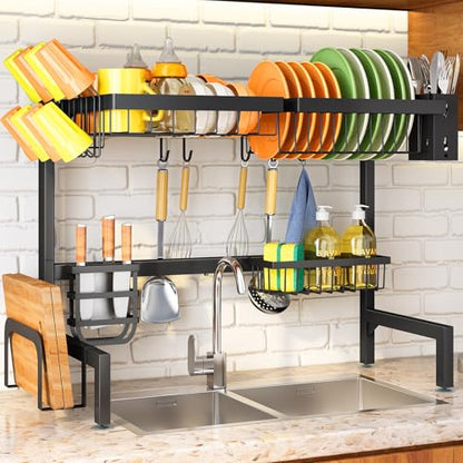 SNTD Over The Sink Large Dish Drying Rack, Metal, 26.8"-34.6", Black | Adjustable Length, Rust-Resistant, Utensil Holder, Cup Holder, Cutting Board Holder, Knife Holder, Sponge Holder and Hooks