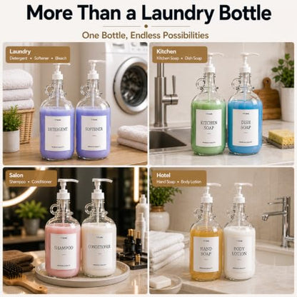 2 Pack Glass Laundry Detergent Dispensers, 64 oz Half Gallon Bottles | Includes Pumps, Waterproof Labels, Funnels and Measuring Cups. Ideal for Organizing Laundry Detergent and Fabric Softener.