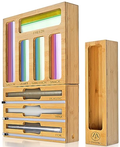 9 in 1 Bamboo Drawer Organizer for Kitchen — Zip Top Bag, Foil and Plastic Wrap Storage with Chalkboard Labels, Fits Gallon Quart Sandwich Snack Bags, Pantry Organization