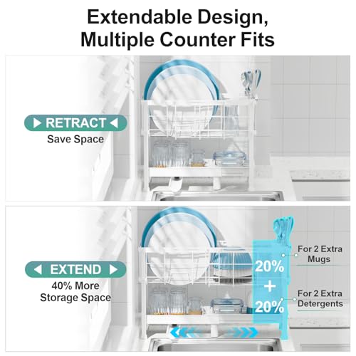 Narrow 2 Tier Dish Drying Rack - Expandable for Small Kitchens & RVs | Compact 7 in Deep, Expands 15.7-20.7 in, 360° Rotating Drain Spout, Removable Utensil Holder, Ideal for 1-2 People, White
