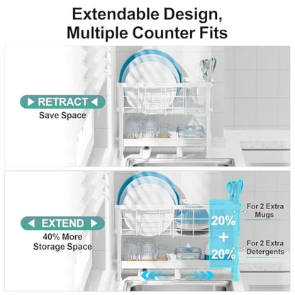 Narrow 2 Tier Dish Drying Rack - Expandable for Small Kitchens & RVs | Compact 7 in Deep, Expands 15.7-20.7 in, 360° Rotating Drain Spout, Removable Utensil Holder, Ideal for 1-2 People, White