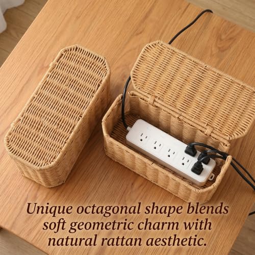 Rattan Cable Management Box, Cord Organizer to Hide Cords & Power Strip | Metal framed handwoven rattan, ventilated to dissipate heat. Octagonal design & dual rear cable slots, boho home office decor