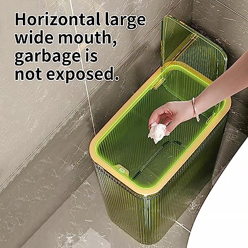 Transparent Trash Can, Bathroom Trash Cans with Lids, 2.6 Gallon Garbage Can for Bedroom, Office, Plastic Slim Waste Basket with Press Top Lid, 10L Clear Trash Bin for Home, Kitchen (Green)