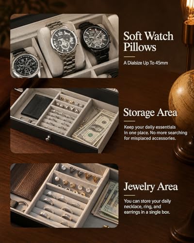 GUKA Watch Box Organizer for Men Gift, 12 Slot Watch Case with Glass Lid, 2 Tier Leather Watch Display Storage Box for Watches, Jewelry, Rings, Sunglasses & Accessories