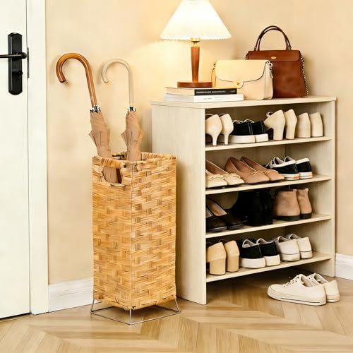 Umbrella Holder for Entryway - Handwoven Rattan Umbrella Stand Indoor with Water Reservoir Base, Durable Metal Hooks & Drip Tray, Stylish Umbrella Basket and Umbrella Storage Bucket