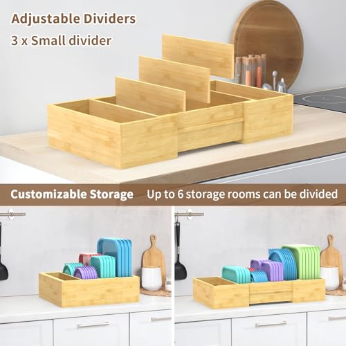 Retro Shaw Lid Organizer for Plastic Lids, Expandable | with 3 Adjustable Dividers, Bamboo, For Cabinet and Drawer, Kitchen Organizer and Storage
