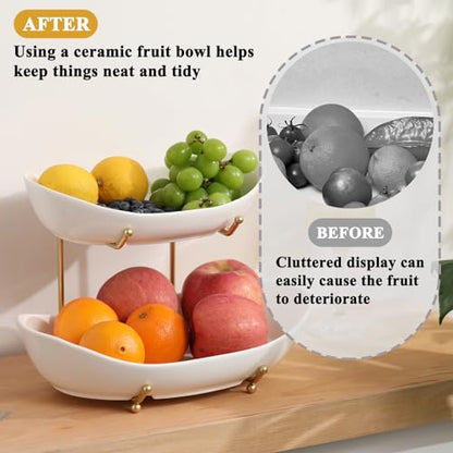 Large Size 2 Tier Ceramic Fruit Bowl,（13.4 and 11... (Gold and White | Ceramic)