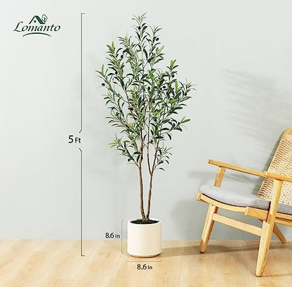 Artificial Olive Trees, 5 ft Tall Fake Olive Trees for Indoor | Faux Olive Silk Tree with White Planter,Large Olive Plants for Home Decor and Housewarming Gift, 1 Pack